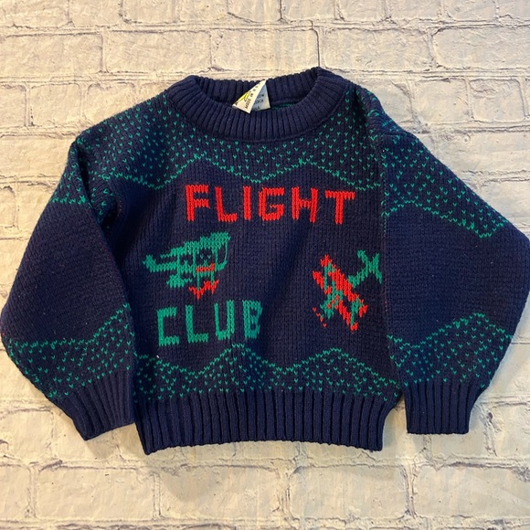 VINTAGE HOT FUDGE BABY/TODDLER FLIGHT CLUB AIRPLANE SWEATER NAVY/RED/GREEN - Picture 6 of 8